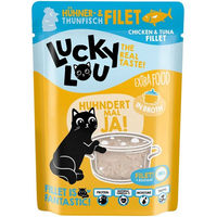Produktbild von Lucky Lou Extra Food Hühnerfilet und Thunfisch in Brühe für Katzen 12x70g