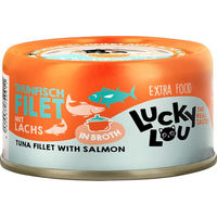 Produktbild von Lucky Lou Extra Food Katzenfilets in Brühe Thunfisch und Lachs 12 x 70 g getreidefrei und glutenfrei