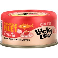 Produktbild von Lucky Lou Extra Food Katzenleckerli Thunfisch mit Apfel in Broth 70 g