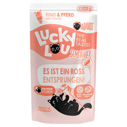 Produktbild von Lucky Lou Life Stage Sensitive Katzen Nassfutter Rind und Pferd Stückchen in Soße 125 g