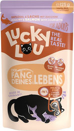 Produktbild von Lucky Lou Lifestage Adult Hundefutter Geflügel und Lachs getreidefrei mit hohem Fleischanteil 16x125g - 16 x 125 g