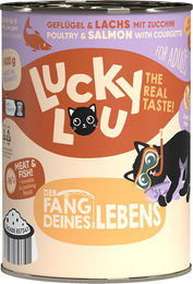 Produktbild von Lucky Lou Lifestage Adult Katzenfutter Geflügel und Lachs getreidefrei mit hohem Fleischanteil 24x400g - 24 x 400 g