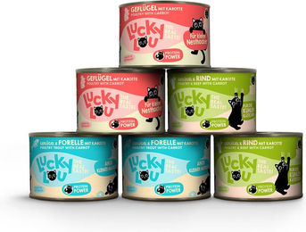 Lucky Lou Lifestage Kitten Nassfutter Mixpaket 6 x 200 g Dose Getreidefrei Ohne Zucker Glutenfrei mit Geflügel Forelle und Rind - 24 x 200 g – Bild 1 von 4