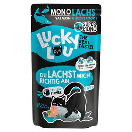 Produktbild von Lucky Lou SuperMono Katzenfutter Lachs Stückchen in Sauce getreidefrei und glutenfrei 120 g