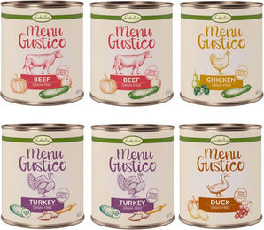 Produktbild von Lukullus Menu Gustico Hundefutter Mixpaket Pute Rind Huhn Ente Stückchen in Sauce getreidefrei monoprotein 24 x 800 g - 24 x 800 g
