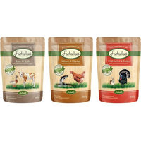 Produktbild von Lukullus Naturkost Frischebeutel Mixpaket für Katzen Wildkaninchen Truthahn Ente Kalb Lachs Huhn getreidefrei und glutenfrei 6 x 300 g - 6 x 300 g