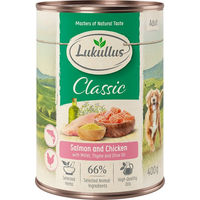 Produktbild von Lukullus Naturkost Hundefutter Adult Lachs und Huhn getreidefrei 24 x 400 g - 24 x 400 g