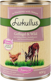 Produktbild von Lukullus Naturkost Junior Hundefutter Geflügel und Wild Getreidefrei mit hohem Fleischanteil 6 x 400 g - 6 x 400 g