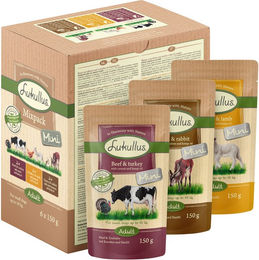 Produktbild von Lukullus Naturkost Mini Hundefutter Adult Getreidefrei Stückchen in Sauce 6 x 150 g Mixpaket