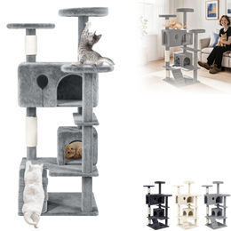 LZQ Kratzbaum für Katzen 130 cm in Grau und Beige mit Sisal-Kratzsäulen, Plüsch-Liegeflächen, Höhle und Leiter – Bild 1 von 4