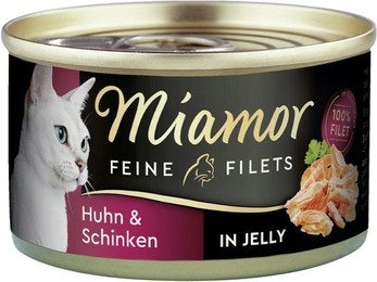 Produktbild von Miamor Feine Filets in Jelly 100g Dose Katzennassfutter Sparpaket 48 x 100 Gramm Huhn & Schinken