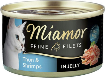 Produktbild von Miamor Feine Filets in Jelly 100g Dose Katzennassfutter Sparpaket 48 x 100 Gramm Thunfisch & Shrimps