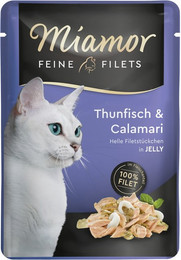 Produktbild von Miamor Feine Filets in Jelly 100g Frischebeutel Katzennassfutter Sparpaket 48 x 100 Gramm Thunfisch & Calamari
