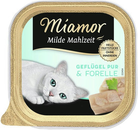 Produktbild von Miamor Milde Mahlzeit 100g Schale Katzennassfutter Sparpaket 32 x 100 Gramm Geflügel Pur & Forelle