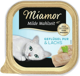Produktbild von Miamor Milde Mahlzeit 100g Schale Katzennassfutter Sparpaket 32 x 100 Gramm Geflügel Pur & Lachs
