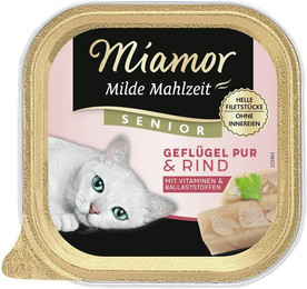 Produktbild von Miamor Milde Mahlzeit 100g Schale Katzennassfutter Sparpaket 32 x 100 Gramm Senior Rind & Huhn