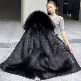 Produktbild von Mittellanger Winterpelzmantel mit großem Pelzkragen, Marderhundefell, abnehmbares Futter, verdicktes Kunstfell, großer Parka für Damen 3XL