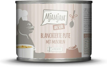 Produktbild von MJAMJAM an Soße 185g Katzennassfutter Sparpaket 12 x 185 Gramm blanchierte Pute mit Muscheln