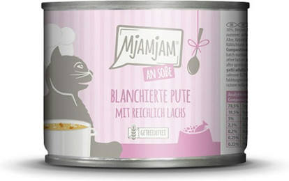 Produktbild von MJAMJAM an Soße 185g Katzennassfutter Sparpaket 12 x 185 Gramm blanchierte Pute mit reichlich Lachs