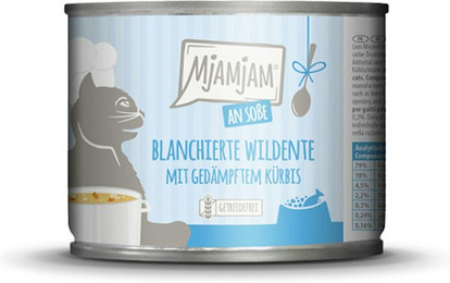 Produktbild von MJAMJAM an Soße 185g Katzennassfutter Sparpaket 12 x 185 Gramm blanchierte Wildente mit gedämpften Kürbis