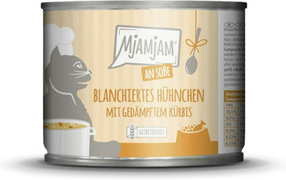 Produktbild von MJAMJAM an Soße 185g Katzennassfutter Sparpaket 12 x 185 Gramm blanchiertes Hühnchen mit gedämpften Kürbis
