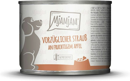 Produktbild von MjAMjAM – ausgewählte Fleischsorten 200g MjAMjAM Hund Sparpaket 12x200g Strauß mit Apfel