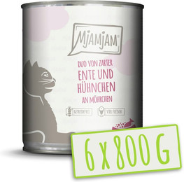 Produktbild von MJAMJAM DUO 800 Gramm Katzennassfutter 6 x 800 Gramm Ente & Hühnchen mit Möhrchen