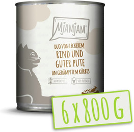 Produktbild von MJAMJAM DUO 800 Gramm Katzennassfutter 6 x 800 Gramm Rind & Pute mit Kürbis
