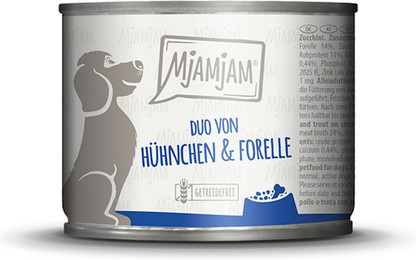 Produktbild von MjAMjAM - DUO für Hund 200g MjAMjAM Hund Sparpaket 12x200g DUO Hühnchen und Forelle mit Zucchin