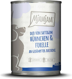 Produktbild von MjAMjAM - DUO für Hund 400g MjAMjAM Hund Sparpaket 12x400g Duo Hühnchen und Forelle mit Zuc