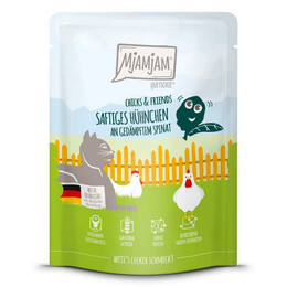 Produktbild von Mjamjam Katzen Nassfutter Chicks & Friends saftiges Hühnchen an gedämpftem Spinat - 6 x 300 g