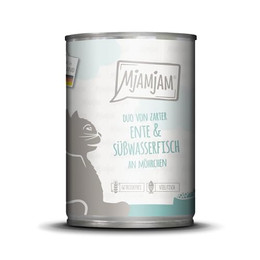 Produktbild von MjAMjAM Katzen Nassfutter DUO von zarter Ente & Süßwasserfisch an Möhrchen - 400 g