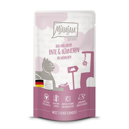Produktbild von Mjamjam Katzen Nassfutter Quetschie Duo Ente & Hühnchen mit Möhrchen - 12 x 125 g