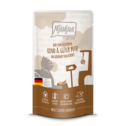 Produktbild von MjAMjAM Katzen Nassfutter Quetschie DUO Rind & Pute mit Kürbis - 12 x 125 g