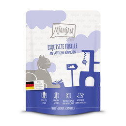 Produktbild von Mjamjam Katzen Nassfutter Quetschie - exquisite Forelle an saftigem Hühnchen 6x300g
