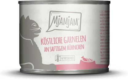 Produktbild von MJAMJAM Leckere Mahlzeit 200g Dose Katzennassfutter Sparpaket 12 x 200 Gramm köstliche Garnelen an saftigem Hühnchen