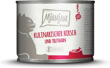 Produktbild von MJAMJAM Leckere Mahlzeit 200g Dose Katzennassfutter Sparpaket 12 x 200 Gramm kulinarischer Hirsch und Truthahn an frischen Cranberries