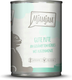 Produktbild von MJAMJAM Leckere Mahlzeit 400g Dose Katzennassfutter Sparpaket 12 x 400 Gramm gute Pute an gedämpftem Kürbis