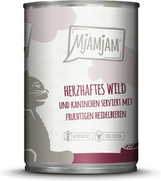 Produktbild von MJAMJAM Leckere Mahlzeit 400g Dose Katzennassfutter Sparpaket 12 x 400 Gramm herzhaftes Wild & Kaninchen an fruchtigen Heidelbeeren