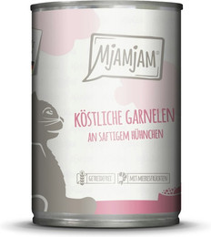 Produktbild von MJAMJAM Leckere Mahlzeit 400g Dose Katzennassfutter Sparpaket 12 x 400 Gramm köstliche Garnelen an saftigem Hühnchen