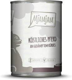 Produktbild von MJAMJAM Leckere Mahlzeit 400g Dose Katzennassfutter Sparpaket 12 x 400 Gramm köstliches Pferd an gedämpftem Kürbis