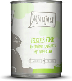Produktbild von MJAMJAM Leckere Mahlzeit 400g Dose Katzennassfutter Sparpaket 12 x 400 Gramm leckeres Rind an gedämpftem Kürbis