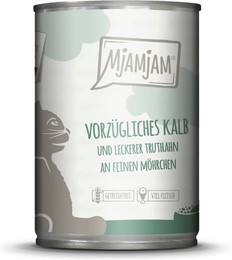 Produktbild von MJAMJAM Leckere Mahlzeit 400g Dose Katzennassfutter Sparpaket 12 x 400 Gramm vorzügliches Kalb mit leckerem Truthahn
