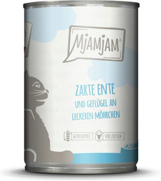 Produktbild von MJAMJAM Leckere Mahlzeit 400g Dose Katzennassfutter Sparpaket 12 x 400 Gramm zarte Ente & Geflügel an leckeren Möhrchen