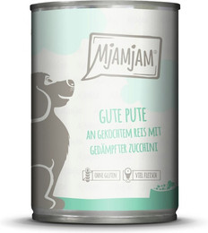 Produktbild von MJAMJAM Leckere Mahlzeit 400g Hundenassfutter Sparpaket 12 x 400 Gramm gute Pute an gekochtem Reis mit gedämpfter Zucchini