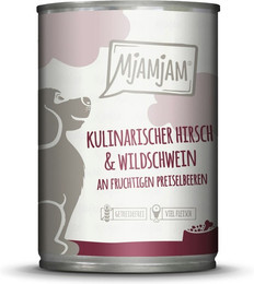 Produktbild von MJAMJAM Leckere Mahlzeit 400g Hundenassfutter Sparpaket 12 x 400 Gramm kulinarischer Hirsch & Wildschwein an Preiselbeeren