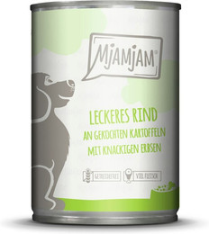 Produktbild von MJAMJAM Leckere Mahlzeit 400g Hundenassfutter Sparpaket 12 x 400 Gramm leckeres Rind an gekochten Kartoffeln mit knackigen Erbsen
