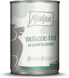 Produktbild von MJAMJAM Leckere Mahlzeit 400g Hundenassfutter Sparpaket 12 x 400 Gramm vorzügliches Kalb an gedämpfter Zucchini