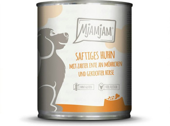 Produktbild von MJAMJAM Leckere Mahlzeit 800g Dose Hundenassfutter 6 x 800 Gramm saftiges Huhn mit zarter Ente an Möhrchen & gekochter Hirse