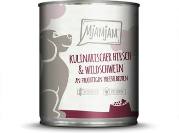 Produktbild von MJAMJAM Leckere Mahlzeit 800g Dose Hundenassfutter Sparpaket 12 x 800 Gramm kulinarischer Hirsch & Wildschwein an Preiselbeeren